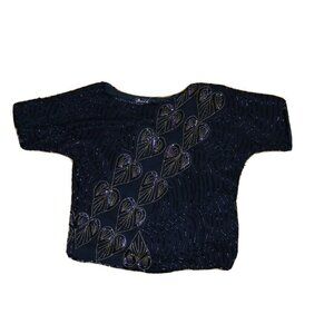 WOMEN'S VINTAGE BLACK SILK BEADED BLOUSE - JEWEL QUEEN - SIZE M